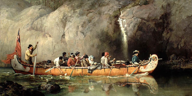  Canoe Manned by Voyageurs Passing a Waterfall. 